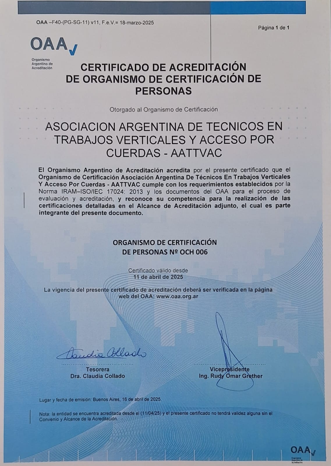 Acreditación OAA de AATTVAC